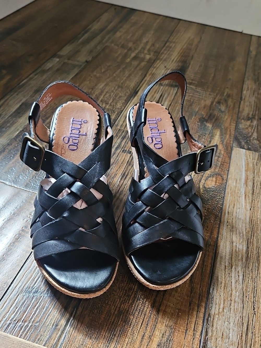 Clarks Indigo Black Woven Buttery Soft‎ Leather Cork Wedge Sandals